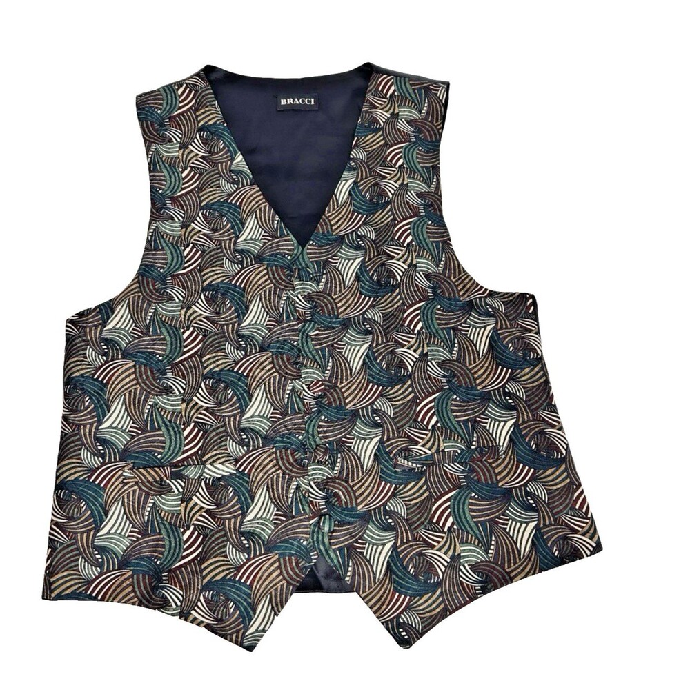 VTG Bracci USA Men M 100% Silk Waistcoat Vest Vibrant Swirling Geometric Formal